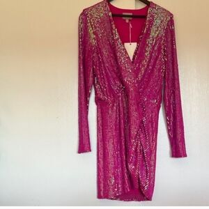 Show Me Your MuMu Fuchsia Sequin Long Sleeve Wrap Dress